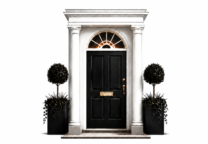 A classical black Georgian front door flanked by clipped topiaries